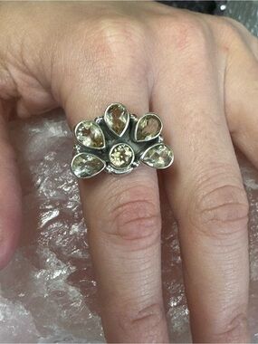 Citrine Floral Cluster Sterling Silver Ring - Size 8